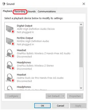 select recording option in sound control system in windows 10