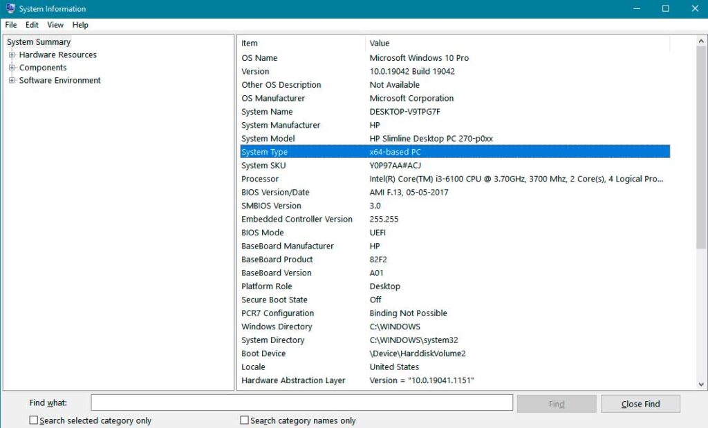 System Summary in System Information Panel-Windows 10