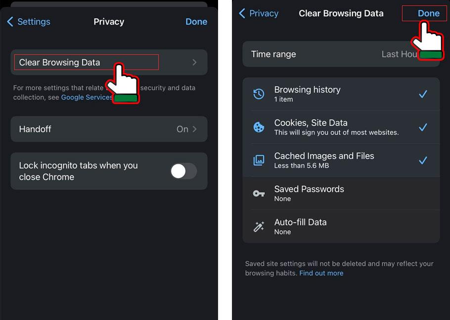 press clear browsing data from chrome app in iphone